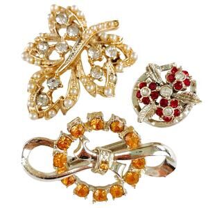 VTG Mid Century Brooch Lot Leaf Floral Buckle Rhinestone Gold Tone 1950s 1960s